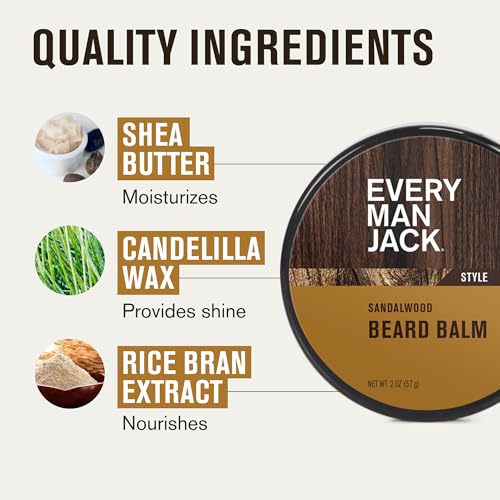 Every Man Jack Sandalwood Beard Balm - Moisturize, Strengthen And Style Your Beard w/Medium Hold - Made w/Naturally Derived Ingredients like Candelilla Wax and Shea Butter - 2 oz - 2 Pack