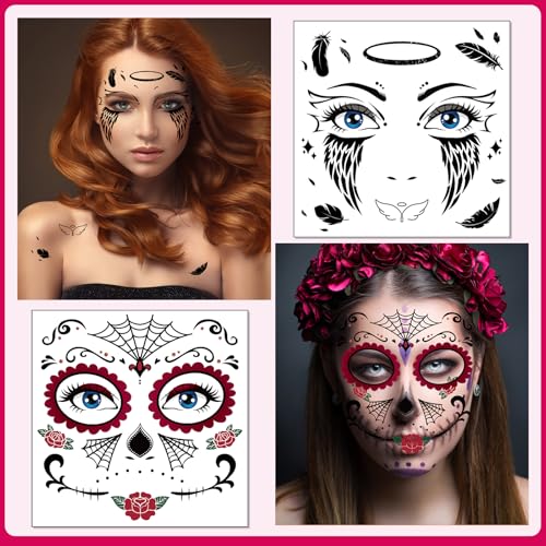 HOWAF Halloween Full Face Tattoos Stickers,Halloween Clown Costume Face Art Temporary Tattoos with Clown Face Spider Webs, Bats, Skeletons for Horror Party Decor, Halloween Black Red Face Tattoos