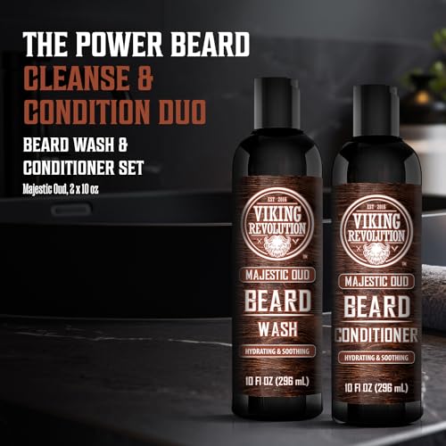 Viking Revolution Beard Wash and Beard Conditioner for Men with Argan Oil and Jojoba Oil - Beard Softener and Strengthener Beard Care Beard Shampoo and Conditioner with Beard Oil (10oz, Majestic Oud)