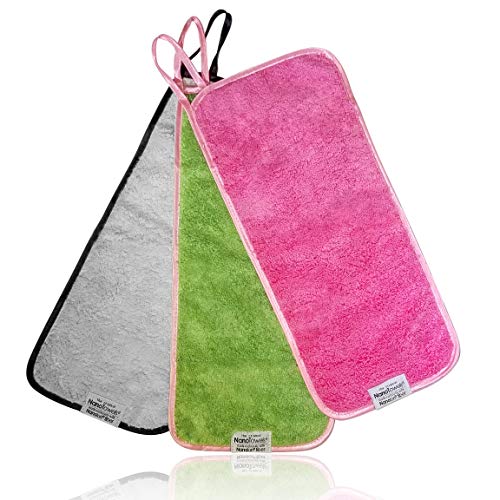 Nano Towel Makeup Remover Face Wash Cloth Multi Color 3-PACK. Remove Cosmetics FAST and Chemical Free. Wipes Away Facial Dirt and Oil Like An Eraser. Great for Sensitive Skin, Acne (Grey, Pink, Green)