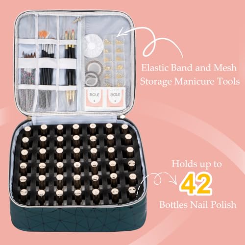 Uross Nail Polish Organizer Bag Holds 42 Bottles Nail Polish & Nail Lamp, Gel Nail Polish Organizers and Storage box for Nail Tech, Nail Kit Supplies Organizer Case - Darkgreen