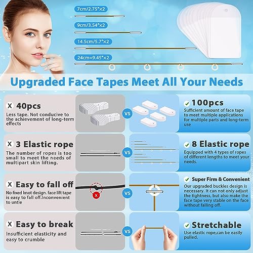 Neck Tape Lifting Invisible,Face Tape Lifting Invisible 100PCS Face Lift Tapes and Bands with 8 Strings Facelift Tape for Face,Neck Tape Lift Turkey for Sagging Skin Double Chin Jowls Eyes Wrinkles
