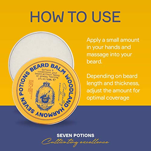 Seven Potions Beard Balm 2 oz. 100% Natural Softener with Jojoba Oil - Nourishes, Softens, Stops Itch, and Leaves Healthy Shiny Beard (Woodland Harmony)