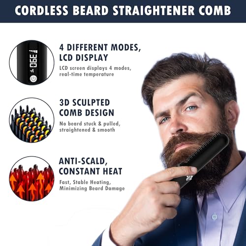 Beard Straightener for Men, Viuyougor Heated Straightening Comb with 4 Temperature Settings, Anti-Scald Technology & Fast Heat-Up, Portable Beard Brush for Beard Shaping