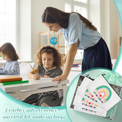 Saintrygo 28 Pcs Teacher Survival Kit Bags Teacher Appreciation Gifts in Bulk Rainbow Canvas Makeup Bags with Zipper Cosmetic Toiletry Bag Pouch Thank You Gifts for Women Christmas Travel Supplies