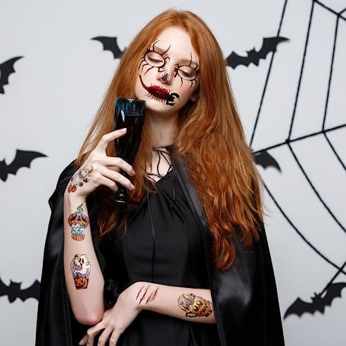50 PCS Halloween Prank Makeup Face Tattoos Adult Women Men, 10PCS Horror Scary Halloween Face Mouth Tattoos Stickers, 40PCS Witch Ghost Pumpkin Jack Tiny Tattoo for Costume Cosplay Party Kit