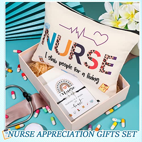 Yinkin 32 Pcs Nurse Appreciation Gift 2026 for Nurse Week 16 Canvas Makeup Cosmetic Bags Survival Kit and 16 Blessing Card Bracelets, Christmas Medical Staff Practitioner Gift for Women(Retro)