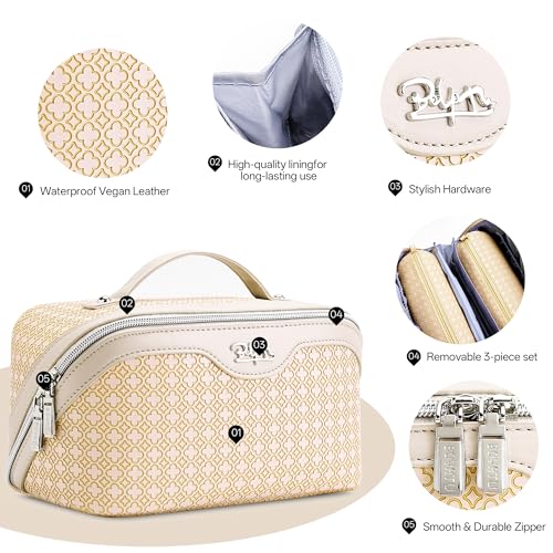 BOYATU Travel Makeup Bag for Women: Four Leaf Clover Large Capacity 3 Pcs Set Cosmetic Bags - Waterproof 50% Extra Space for Toiletry Organizer - Travel Essentials for Fortunate (08 Yellow)