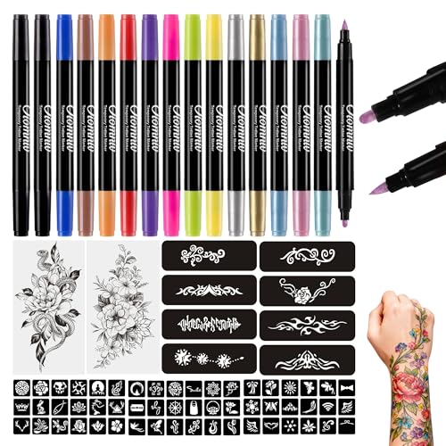 Oiomniv Temporary Tattoo Markers, 15PCS Body Markers Dual-End for Teens Adults, 62 Tattoo Stencils Temporary Tattoos Stickers, Glitter Matte Neon Tattoo Pens, Flexible Brush Tip, Skin Safe