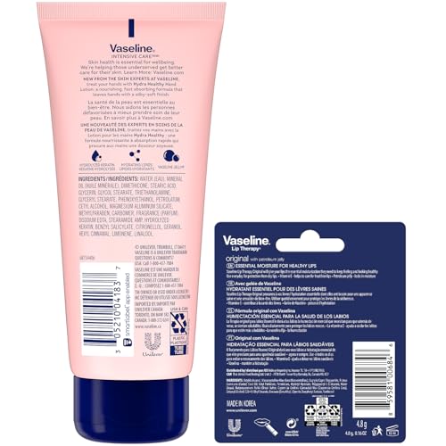 Vaseline Lotion & Lip Therapy Bundle ? Healthy Hands Stronger Nails with Keratin Intensive Care Hand Lotion + Original Lip Balm Tube