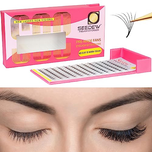 Premade Fans 6D Eyelash Extensions, Pointed Thin Base 8-15mm Mixed Length Professional Volume 6D Lashes for Beauty Salon, Lash Artist Beginner/Tech(6D-0.07-D-Matte Black-120Fans)