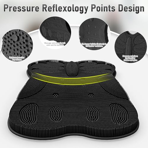 Back Scrubber Shower Bathtub Tub Body Bath Cushion Back Lumbar Support - Silicone Ergonomic Extra Large Thick Soft Seat Paded Non-Slip Suction Cups Relaxing Spa Exfloating Scrubber Mat Black