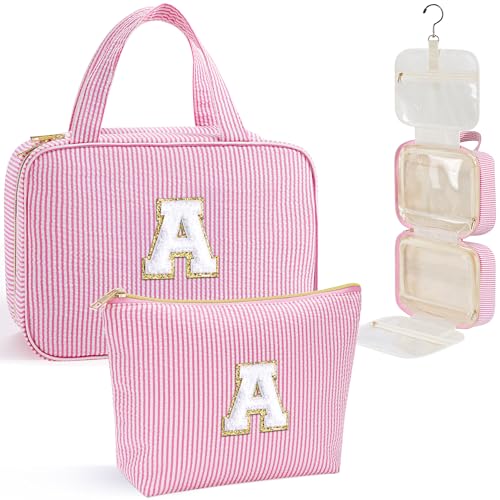 YOOLIFE Initial Hanging Toiletry Bag for Teen Girl - Birthday Gifts for 11 12 13 14 15 16 17 18 19 Year Old Girls, Travel Toiletry Bag Gifts for Mom Daughter Sister Friends, Letter A, Pink