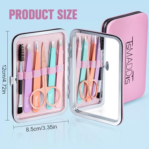 TsMADDTs Tweezers for Women Facial Hair - Precision Tweezers Set with Travel Case - Stainless Steel with Scissor, Mirror