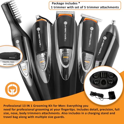 My Perfect Goatee¢ç? 13-in-1 Mens Grooming Kit - LED Display Beard Trimming Kit with Travel Bag, Charging Stand, & More - Waterproof, Cordless Electric Trimmer for Nose, Body, & More ? Ideal Gift Set