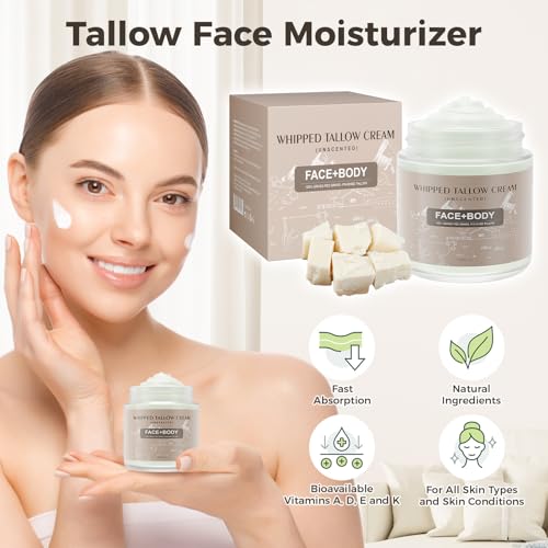 Ofanyia Beef Tallow for Skin, Whipped Tallow Cream for Sensitive Skin, Tallow Face Moisturizer for Repairing Damaged Dry Skin, Natural Beef Tallow Grass Fed Lotion for Skin Care, 4 oz (UNSCENTED)
