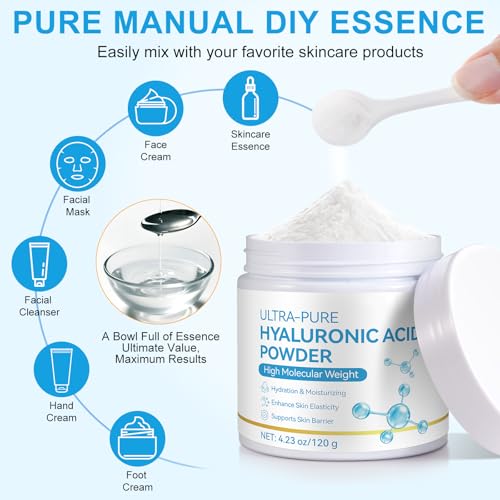 Hyaluronic Acid Powder for Skin & Face 4.23 Oz, Dual-Molecular-Weight Formula, Deep Hydration, Anti-Aging, Improves Skin Texture & Firmness, Ideal for DIY Serums, Mask, Creams