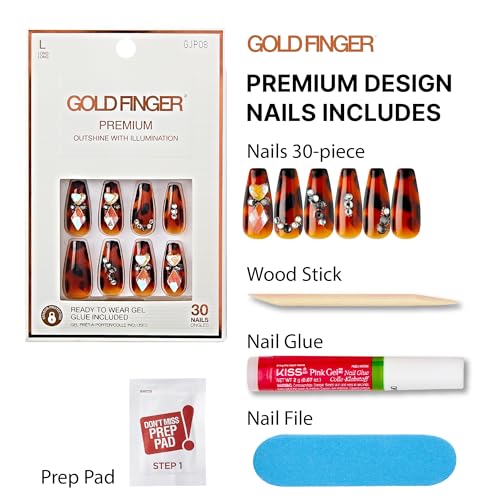 GoldFinger Premium Luxury False Nails Kit, Ready to Wear Leopard Nails, Manicure Stick and Glue Included, Long Coffin Shape with 3D Rhinestones, Long-Lasting Hottest Trend Glue on Nails