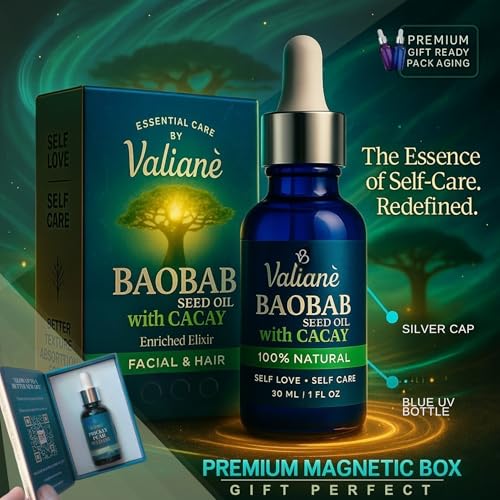 BAOBAB OIL + CACAY for HAIR & FACE Premium Enriched Blend - Hair Oil & Beard Oil - Facial Serum - Cold-Pressed Lightweight Fast-Absorbing, 100% NATURAL - for Body Neck D?collet? Nails -1 fl oz Valian?
