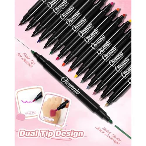 Oiomniv Temporary Tattoo Markers, 15PCS Body Markers Dual-End for Teens Adults, 62 Tattoo Stencils Temporary Tattoos Stickers, Glitter Matte Neon Tattoo Pens, Flexible Brush Tip, Skin Safe