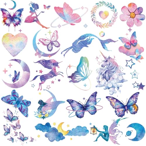 Glitter Tattoos for Girls Women, 12 Sheets Glitter Butterfly Moon Flowers Mermaid Temporary Tattoos for Girls Birthday Party Supplies Gifts Decoration