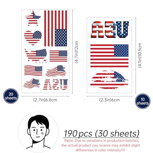 190 pcs (30 sheets) American Flag Tattoos, VEINARDYL Waterproof Sweat USA Temporary Tattoo, Sports National Flag Removable Face Tattoo Stickers for Men Women