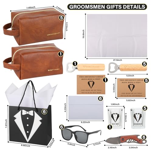 54Pcs Groomsmen Gifts Set of 6, Proposal Gift Box with Toiletry Bags, Whiskey Glasses, Sunglasses, Wood Handle Pocket Knives, Bottle Openers, Cards, Envelopes and Tuxedo Gift Bags (6 Set)