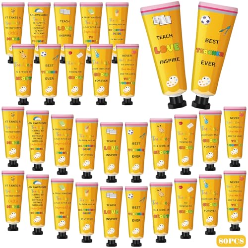 Leelosp 80 Pcs Teacher Appreciation Gift - Pencil Design Hand Cream Bulk Mini Travel Size Moisturizing Hand Lotion for Women Teacher Appreciation Week Graduation Party Favors, 10 Natural Fragrances