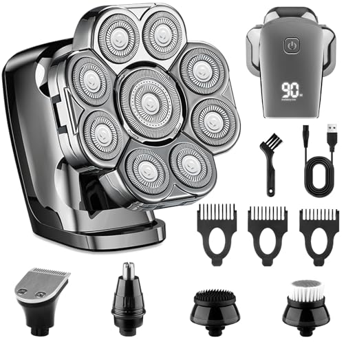 9D Bald Head Shaver for Bald Men, 5-in-1 Electric Razor for Men, Cordless Rechargeable & Waterproof Head Shaver for Wet/Dry Shave with Nose Hair Trimmer, Massager, LED Display