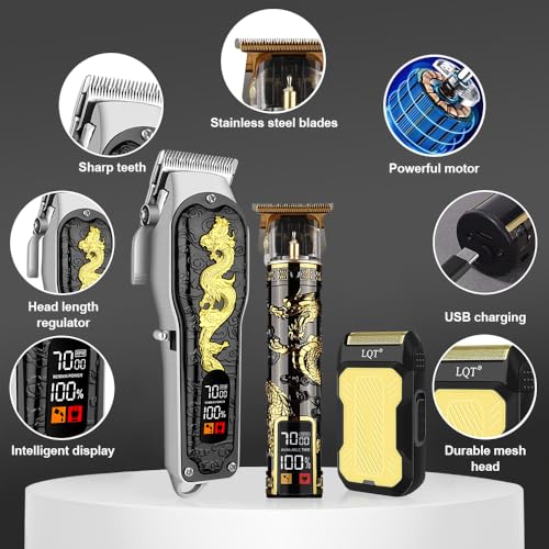 Hair Clippers 3-Piece Men's Professional Cordless Haircutting Set with LED Display, Trimmer, Shaver, Beard Clipper - Gift for Man