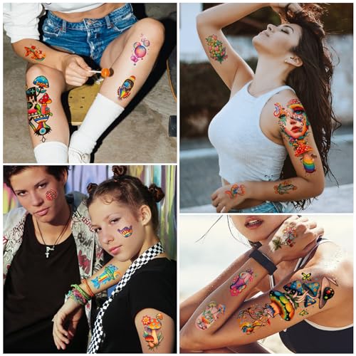 Temporary Tattoo Adult Sleeve, Sugar Skull Mushroom Floral Tribal Eye Half Arm Sleeve Fake Tattoos for Adults Women Men, Waterproof Tiny Tattoos Sticker for Girls Boys and Kids, 77 Sheets