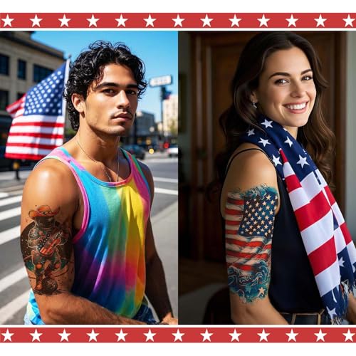 16 Sheets Independence Day Temporary Tattoos, USA Flag Patriotic Waterproof Fake Tattoos, Red White and Blue Party Supplies Tattoo Kits for 4th of July Memorial Day, Veterans Day, Summer Festivals