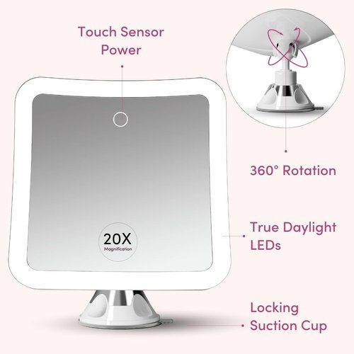 Fancii 20x Magnifying Makeup Mirror with LED Lights, Rechargeable, High Zoom | 7-inch Large Lighted Travel Mirror for Vanity and Bathroom, Dimmable, 3 Light Settings, Strong Suction, 360° Rotation