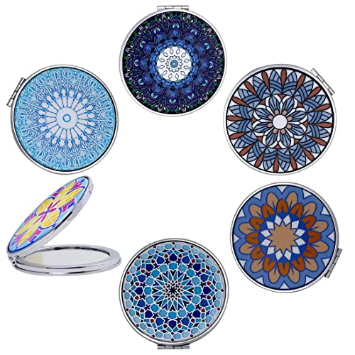 Small Compact Mirror Portable Folding Double Sided with 2X Magnification - Handheld Pocket Travel Makeup Mirrors - Mixed Embossed Designs - Gift for Girls Women Pack of 6