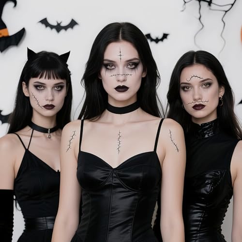 Halloween Stitches Tattoo Stickers Fake Scars Temporary Tattoos Black Horror Cosplay Accessories for Adult Kids Girls Gifts Halloween Party Decor 8sheets