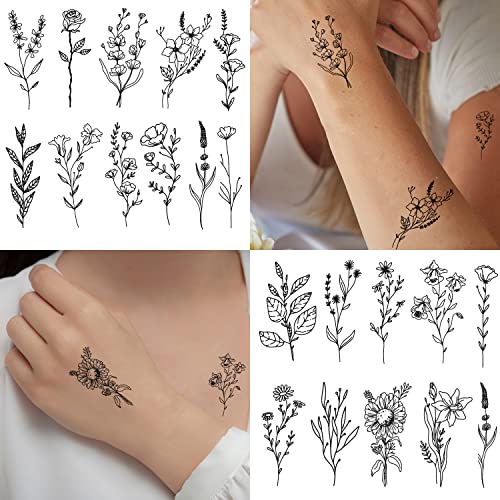 Cerlaza 75 Styles Tiny Black Flower Branch Temporary Tattoos For Women, 16 Sheets Realistic Wild Flower Floral Small Fake Tattoo Adults, Christmas Tattoo Stickers for Hands Legs Body Sticker