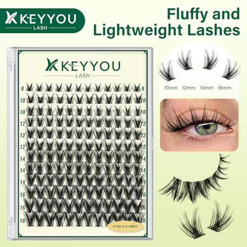 KEYYOULASH Lash Clusters Manga Lash Extension D Curl 144pcs 8-18mm Wispy Eyelash Clusters Natural Volume Eyelash Extensions Individual Lashes DIY at Home(KY08,D-8-18MIX)