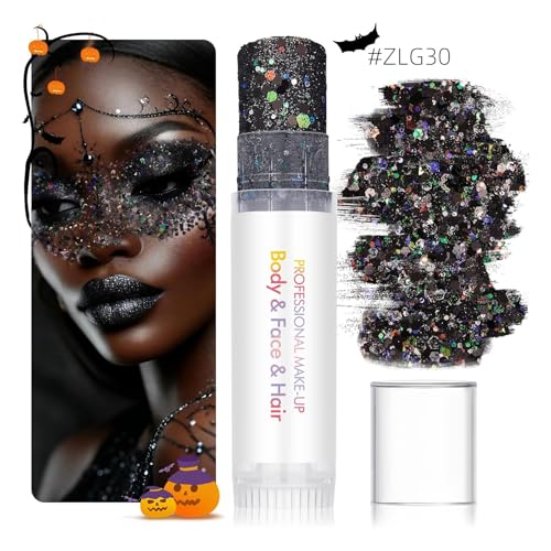 3PCS Face and Body Glitter Stick, Waterproof Halloween Face Glitter Gel, Chunky Sequins Face Hair Glitter Makeup, Silver Black Sparkle Body Glitter for Women and Kid
