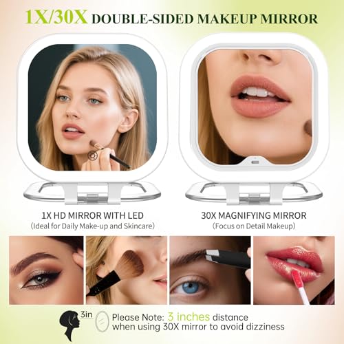 FUNTOUCH 30X Magnification Lighted Makeup Mirror, 7" Rechargeable Double Sided Travel Vanity Mirror with Lights, 3 Color Lights & Adjustable Brightness, 300¡ÆRotation, Gift for Women,White