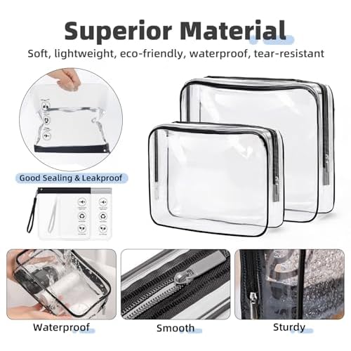 ABSOFINE Clear Toiletry Bag for Travel Size Toiletries, 4 Pack Large Waterproof PVC Makeup Bags with 2 Pack Airport Security Liquids Bags, Travel Essentials toiletry Bottles for Women Girls Men