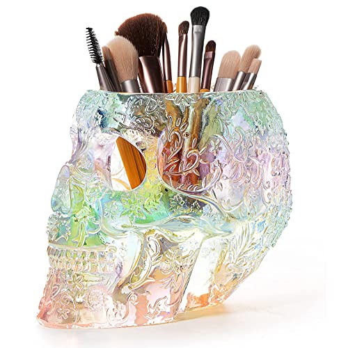 Skull Makeup Brush Holder, Pen Holder, Vanity, Desk, Office Organizer, Stationary, Decor Planter, Candy Bowl, Goth Decorations, Extra Large, Skulls Gothic Skull & Bones Organizer Bathroom (iridescent)