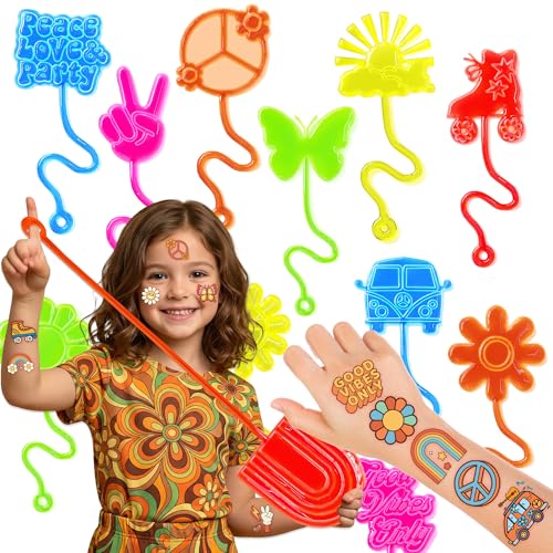 48PCS Groovy Party Favors - 24PCS Groovy Temporary Tattoos & 24PCS Groovy Stick Hands - Perfect Birthday Favors, Goodie Bag Stuffers, Treasure Box Toys, Classroom Prizes, and Student Gifts