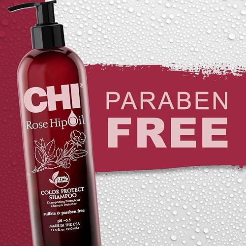 CHI Rosehip Oil Protecting Shampoo, Gently Cleanses Color-Treated Hair & Helps Retain Color, Sulfate, Paraben, & Cruelty-Free, 11.5 Oz