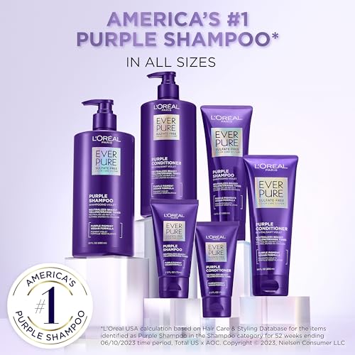 L¡¯Oreal Paris Sulfate Free Brass Toning Purple Shampoo for Blonde, Bleached, Silver, or Brown Highlighted Hair, EverPure, 23 Fl Oz (Packaging May Vary)