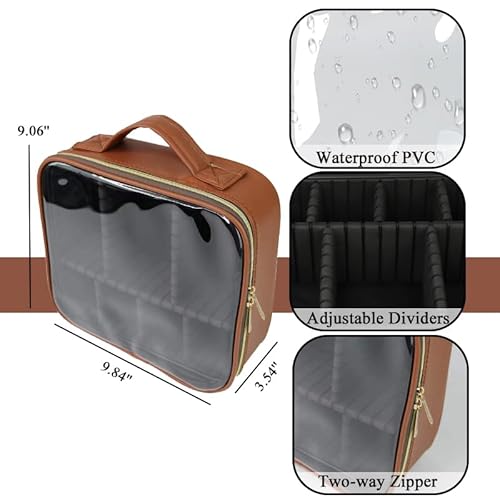 Clear Makeup Case - Cosmetic Case with Dividers, Large Capacity Makeup Bag, Pu Leather Organizer (Brown)