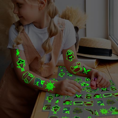 EMOME Glow Temporary Tattoos for Kids, Kid Tattoos for Party Favors Decorations Supplies, Cute Tattoo Sticker Goodie Bag Stuffers Boys and Girls (Pirate)