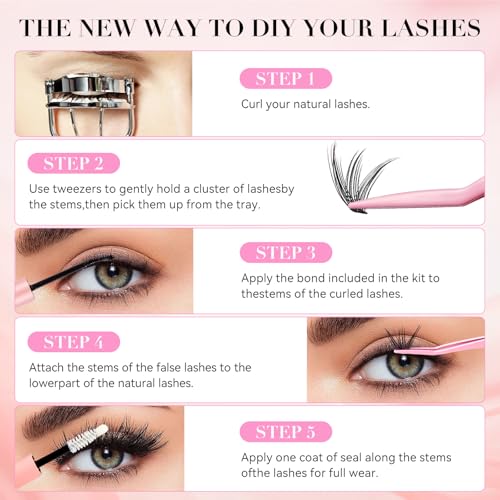False Eyelashes Butterfly D Curl Lash Clusters Kit 144PCS, 8-16mm Wispy & Hypoallergenic with Pink 4-in-1 Tools for Daily or Special Occasions
