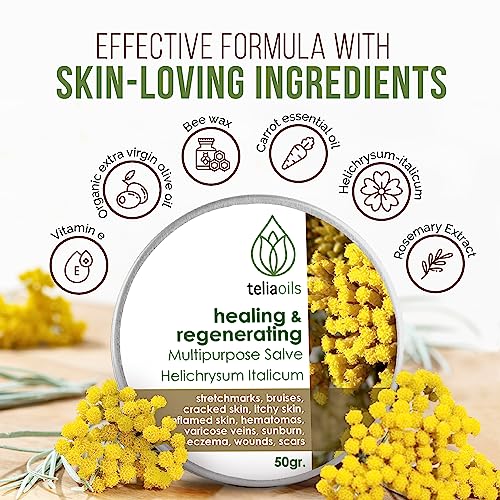 Teliaoils Helichrysum Italicum Multipurpose Salve | Helichrysum Oil | Soothing & Hydrating Relieving Balm | Irritated Skin, Stretch Marks, Varicose Veins & Wrinkles | Adults & Kids | 1.7oz/ 50gr |