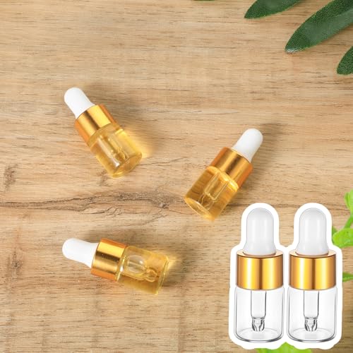 100 Pcs Mini Glass Oil Dropper Bottle Bulk, 2 ml Gold Clear Essential Small Empty Bottles Sample Containers Perfume Liquid Vials with Cap for Traveling