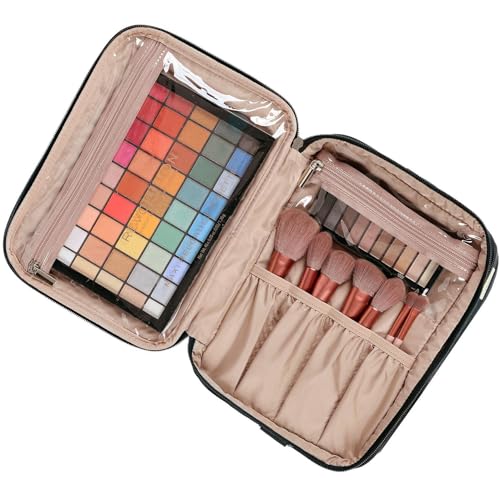 NISHEL Extra Large Double Layer Travel Makeup Bag Women, Cosmetic Organizer Case, Essentials Accessories with Shoulder Strap for Bottles, Brushes, Conditioner, Skin Care Products, Black